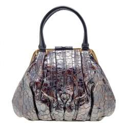 Pre Owned Alexander McQueen Metallic Brown Croc Effect Patent Leather Elvie Bag