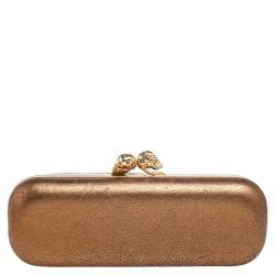 Alexander McQueen Gold Leather Skull Crystal Embellished Box Clutch