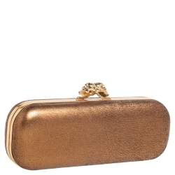 Pre Owned Alexander McQueen Gold Leather Skull Crystal Embellished Box Clutch