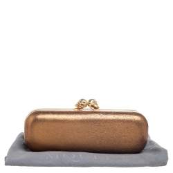 Pre Owned Alexander McQueen Gold Leather Skull Crystal Embellished Box Clutch