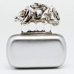 Pre Owned Alexander McQueen Grey Patent Leather Rose Knuckle Duster Box Clutch