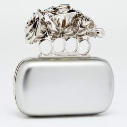 Pre Owned Alexander McQueen Grey Patent Leather Rose Knuckle Duster Box Clutch