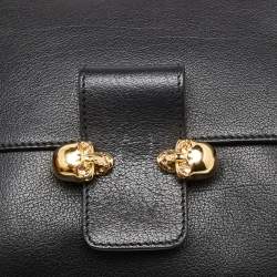 Pre Owned Alexander McQueen Black Leather Flap Twin Skull Shoulder Bag