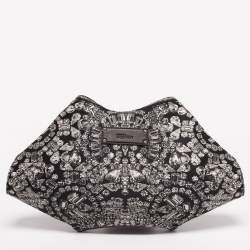 Pre Owned Alexander McQueen Black/White Printed Satin and Leather Medium De Manta Clutch
