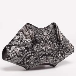 Pre Owned Alexander McQueen Black/White Printed Satin and Leather Medium De Manta Clutch