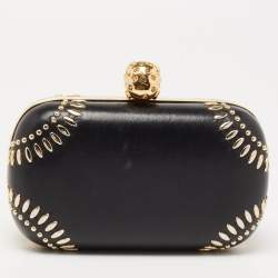 Pre Owned Alexander McQueen Black Studded Leather Skull Lock Clutch