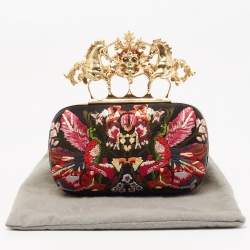 Pre Owned Alexander McQueen Black Satin Floral Embroidered Skull and Unicorn Knuckle Clutch