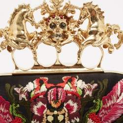 Pre Owned Alexander McQueen Black Satin Floral Embroidered Skull and Unicorn Knuckle Clutch