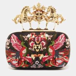 Pre Owned Alexander McQueen Black Satin Floral Embroidered Skull and Unicorn Knuckle Clutch
