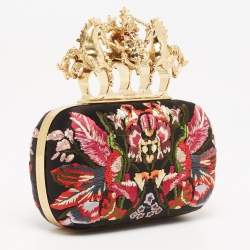 Pre Owned Alexander McQueen Black Satin Floral Embroidered Skull and Unicorn Knuckle Clutch