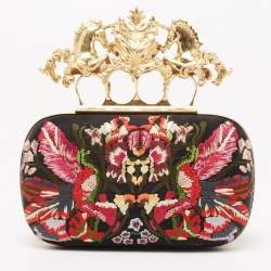 Pre Owned Alexander McQueen Black Satin Floral Embroidered Skull and Unicorn Knuckle Clutch