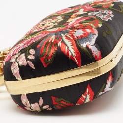 Pre Owned Alexander McQueen Black Satin Floral Embroidered Skull and Unicorn Knuckle Clutch