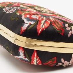 Pre Owned Alexander McQueen Black Satin Floral Embroidered Skull and Unicorn Knuckle Clutch