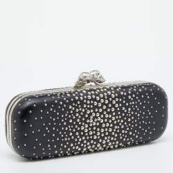 Pre Owned Alexander McQueen Black Studded Leather Kiss Lock Skull Clutch 