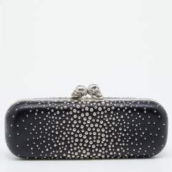 Pre Owned Alexander McQueen Black Studded Leather Kiss Lock Skull Clutch 