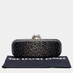 Pre Owned Alexander McQueen Black Studded Leather Kiss Lock Skull Clutch 