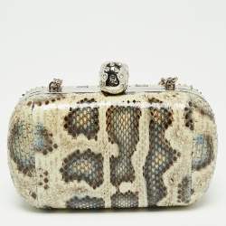 Pre Owned Alexander McQueen Cream/Blue Snakeskin Skull Crystal Embellished Box Chain Clutch