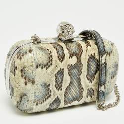 Pre Owned Alexander McQueen Cream/Blue Snakeskin Skull Crystal Embellished Box Chain Clutch