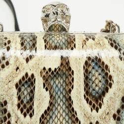 Pre Owned Alexander McQueen Cream/Blue Snakeskin Skull Crystal Embellished Box Chain Clutch