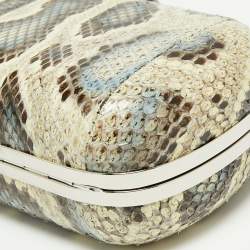 Pre Owned Alexander McQueen Cream/Blue Snakeskin Skull Crystal Embellished Box Chain Clutch