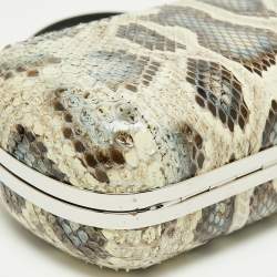 Pre Owned Alexander McQueen Cream/Blue Snakeskin Skull Crystal Embellished Box Chain Clutch