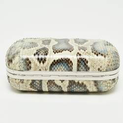 Pre Owned Alexander McQueen Cream/Blue Snakeskin Skull Crystal Embellished Box Chain Clutch
