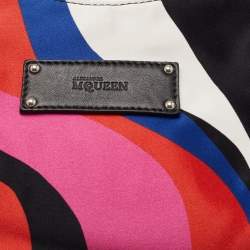 Pre Owned Alexander McQueen Black Heart Print Satin And Leather Medium De Manta Clutch