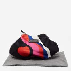 Pre Owned Alexander McQueen Black Heart Print Satin And Leather Medium De Manta Clutch