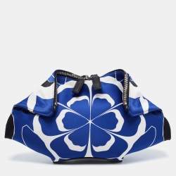Pre Owned Alexander McQueen Blue/White Printed Satin and Leather Medium De Manta Clutch