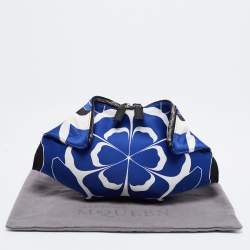 Pre Owned Alexander McQueen Blue/White Printed Satin and Leather Medium De Manta Clutch