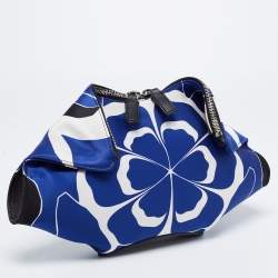 Pre Owned Alexander McQueen Blue/White Printed Satin and Leather Medium De Manta Clutch