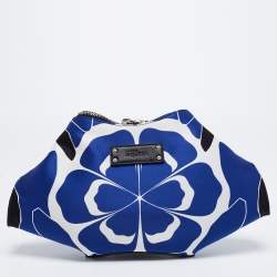 Pre Owned Alexander McQueen Blue/White Printed Satin and Leather Medium De Manta Clutch