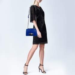 Pre Owned Alexander McQueen Blue Croc Embossed Leather Jewelled Shoulder Bag