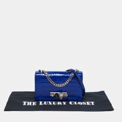 Pre Owned Alexander McQueen Blue Croc Embossed Leather Jewelled Shoulder Bag