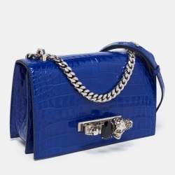 Pre Owned Alexander McQueen Blue Croc Embossed Leather Jewelled Shoulder Bag