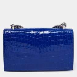 Pre Owned Alexander McQueen Blue Croc Embossed Leather Jewelled Shoulder Bag