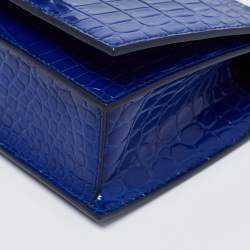 Pre Owned Alexander McQueen Blue Croc Embossed Leather Jewelled Shoulder Bag