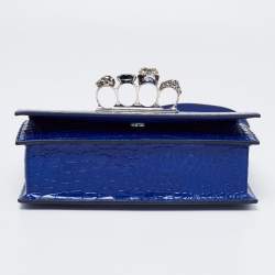 Pre Owned Alexander McQueen Blue Croc Embossed Leather Jewelled Shoulder Bag
