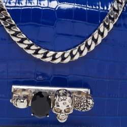 Pre Owned Alexander McQueen Blue Croc Embossed Leather Jewelled Shoulder Bag