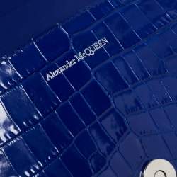 Pre Owned Alexander McQueen Blue Croc Embossed Leather Jewelled Shoulder Bag