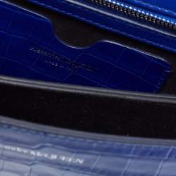 Pre Owned Alexander McQueen Blue Croc Embossed Leather Jewelled Shoulder Bag