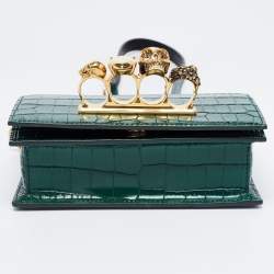 Pre Owned Alexander McQueen Green Croc Embossed Leather Skull Ring Shoulder Bag