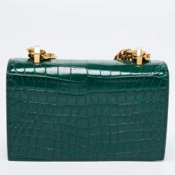 Pre Owned Alexander McQueen Green Croc Embossed Leather Skull Ring Shoulder Bag