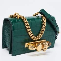Pre Owned Alexander McQueen Green Croc Embossed Leather Skull Ring Shoulder Bag