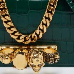Pre Owned Alexander McQueen Green Croc Embossed Leather Skull Ring Shoulder Bag