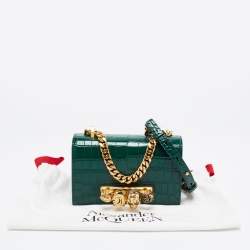Pre Owned Alexander McQueen Green Croc Embossed Leather Skull Ring Shoulder Bag