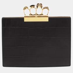 Pre Owned Alexander McQueen Black Embossed Croc Leather Skull Knuckle Duster Clutch
