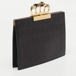 Pre Owned Alexander McQueen Black Embossed Croc Leather Skull Knuckle Duster Clutch
