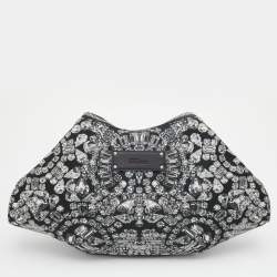 Pre Owned Alexander McQueen Black Satin and Leather Jewel Printed Large De Manta Clutch