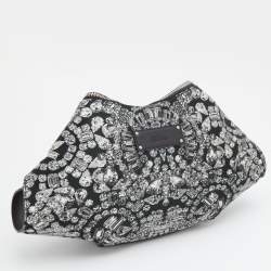 Pre Owned Alexander McQueen Black Satin and Leather Jewel Printed Large De Manta Clutch